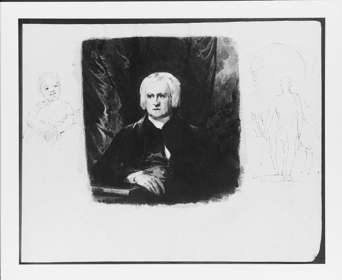 Half-length Portrait of a Seated Mature Gentleman; a Smiling Girl; a Full-length Portrait of a Man Before an Arch (from Sketchbook), Thomas Sully (American, Horncastle, Lincolnshire 1783–1872 Philadelphia, Pennsylvania), Ink, wash, on paper, American 