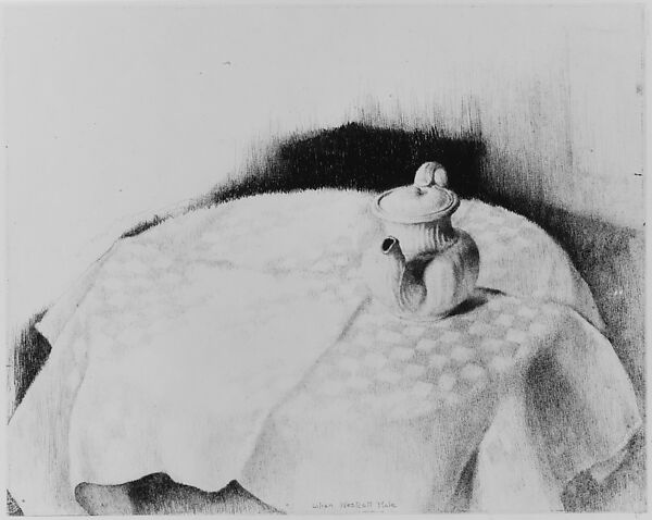 Still-life with Teapot and Checkered Tablecloth, Lilian Westcott Hale (American, Hartford, Connecticut 1881–1963 St. Paul, Minnesota), Charcoal on paper, American 