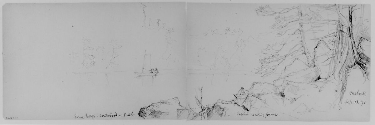 Sailboat on Lake; Figure on Shore, 1871 (from Sketchbook), Daniel Huntington (American, New York 1816–1906 New York), Graphite on paper, American 