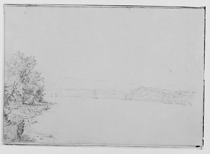 View Across a River (from Sketchbook), Thomas Hewes Hinckley (1813–1896), Graphite, watercolor, on buff paper, American 