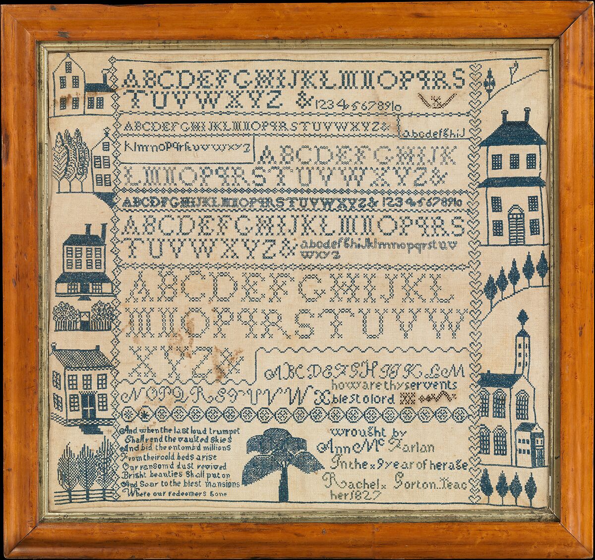 Sampler with apocalyptic verse, Ann McFarlan (1817–1835), Linen embroidery on linen, American