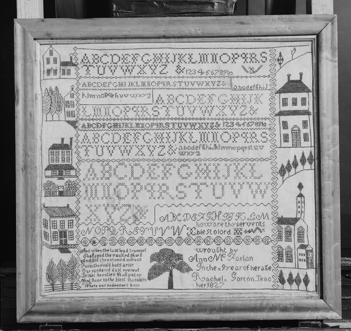 Sampler with apocalyptic verse, Ann McFarlan (1817–1835), Linen embroidery on linen, American