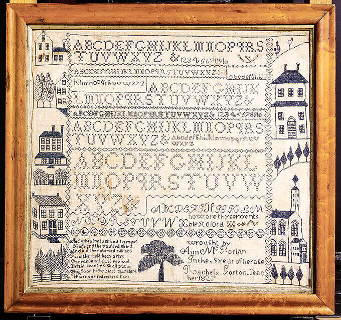 Sampler with apocalyptic verse, Ann McFarlan (1817–1835), Linen embroidery on linen, American