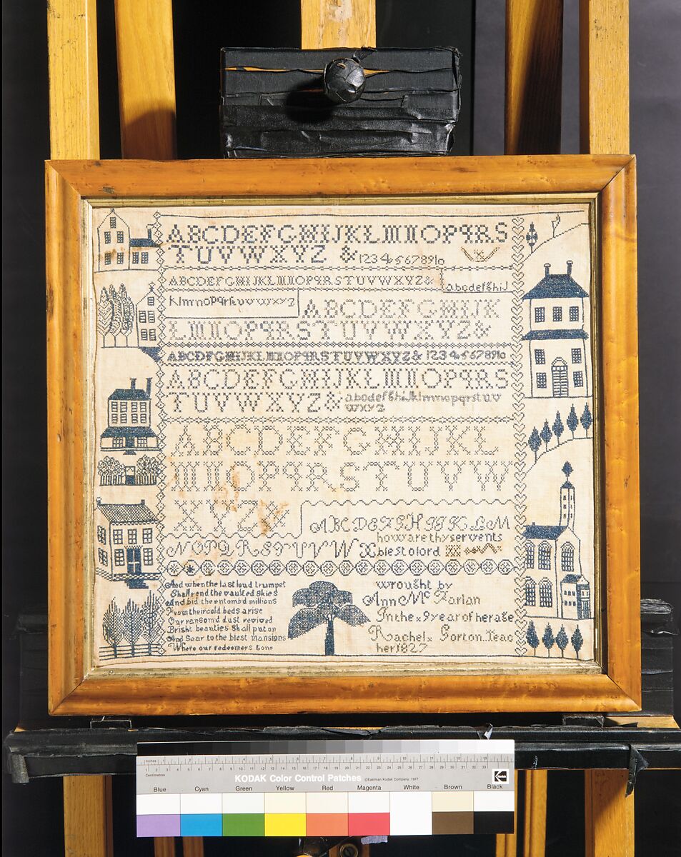Sampler with apocalyptic verse, Ann McFarlan (1817–1835), Linen embroidery on linen, American