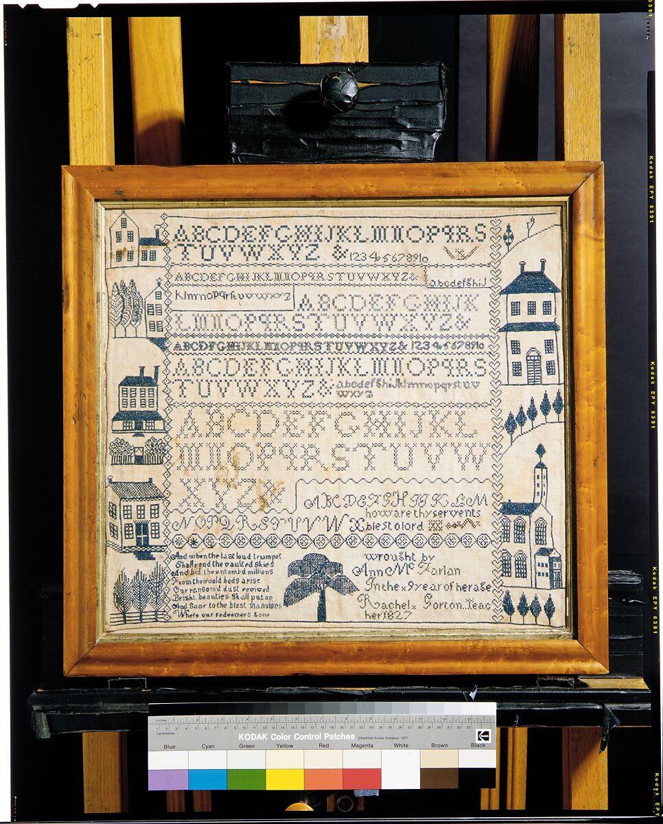 Sampler with apocalyptic verse, Ann McFarlan (1817–1835), Linen embroidery on linen, American