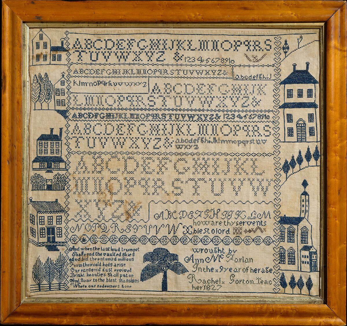 Sampler with apocalyptic verse, Ann McFarlan (1817–1835), Linen embroidery on linen, American 