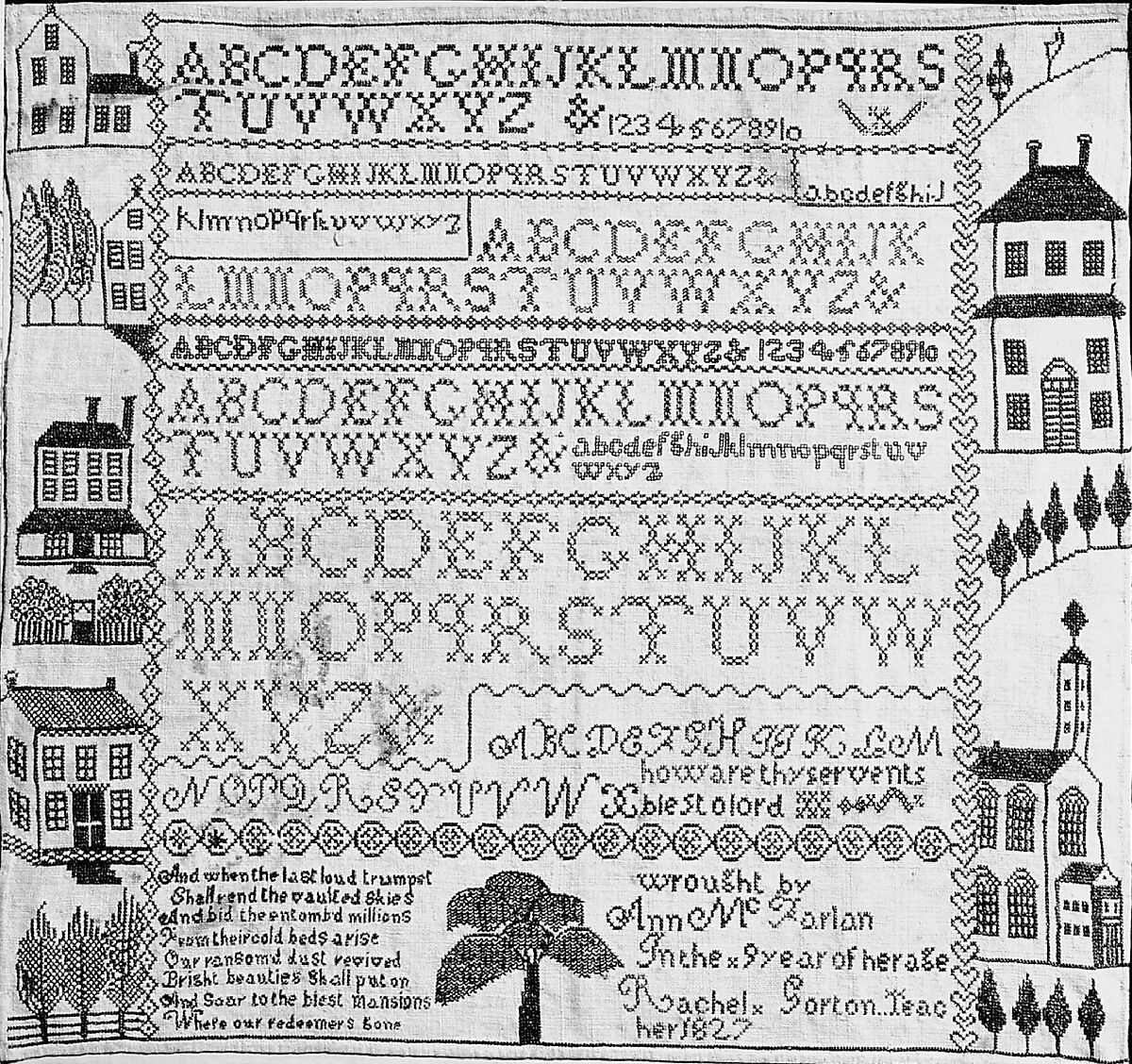 Sampler with apocalyptic verse, Ann McFarlan (1817–1835), Linen embroidery on linen, American