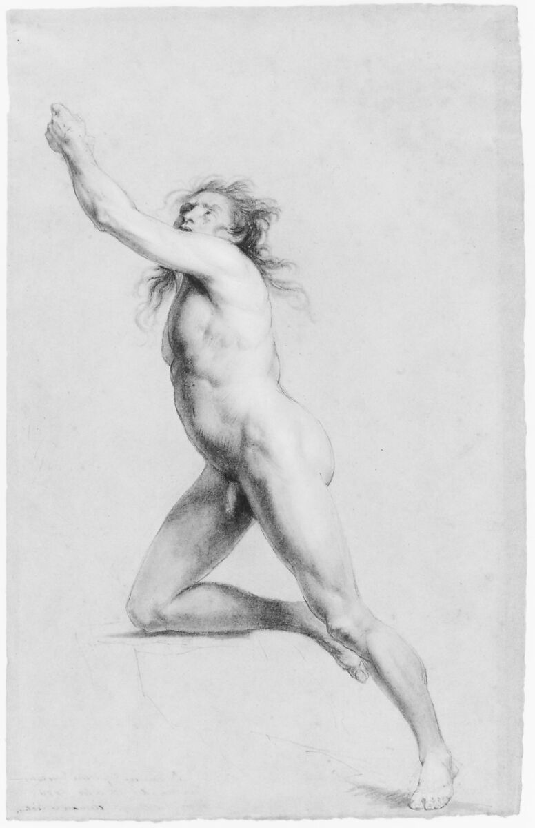 Study from Life: Nude Male, John Trumbull (American, Lebanon, Connecticut 1756–1843 New York), Black chalk and white-chalk heightening on blue laid paper, American