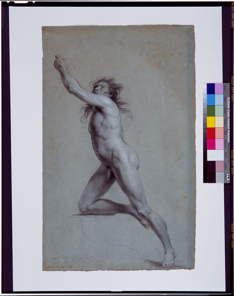 Study from Life: Nude Male, John Trumbull (American, Lebanon, Connecticut 1756–1843 New York), Black chalk and white-chalk heightening on blue laid paper, American
