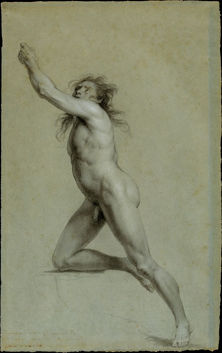 Study from Life: Nude Male, John Trumbull (American, Lebanon, Connecticut 1756–1843 New York), Black chalk and white-chalk heightening on blue laid paper, American 