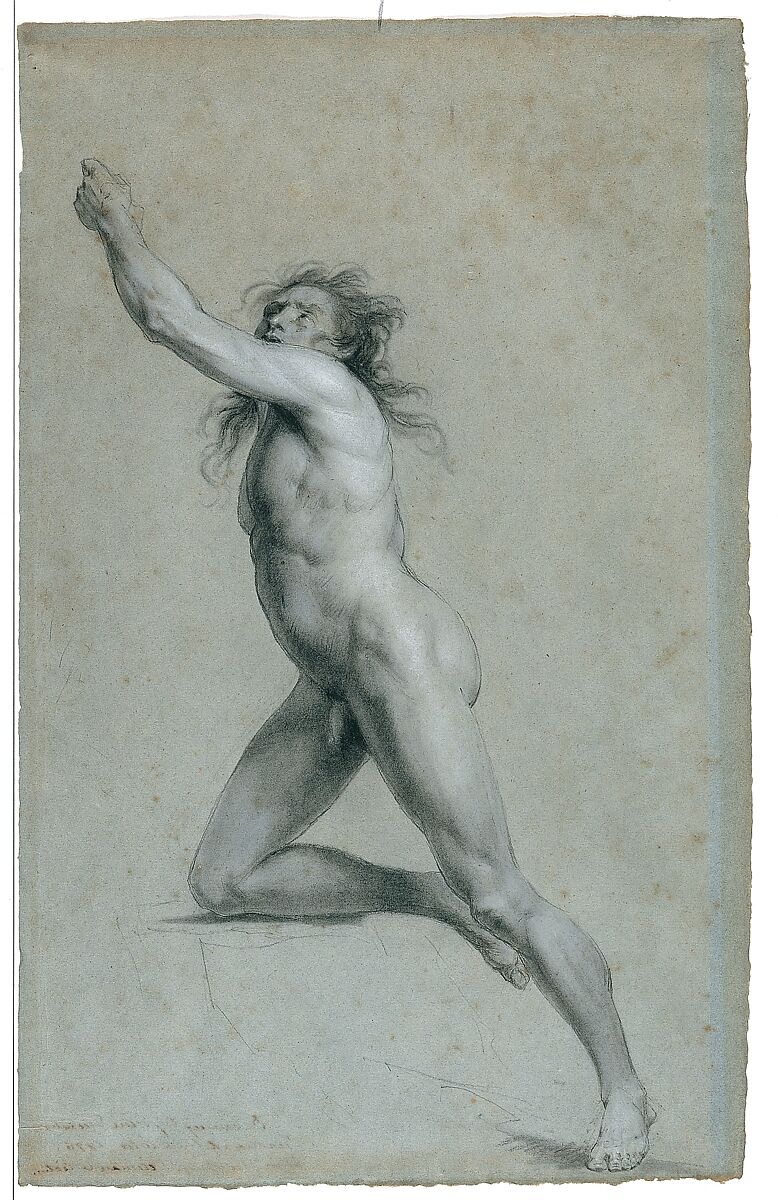 Study from Life: Nude Male, John Trumbull (American, Lebanon, Connecticut 1756–1843 New York), Black chalk and white-chalk heightening on blue laid paper, American