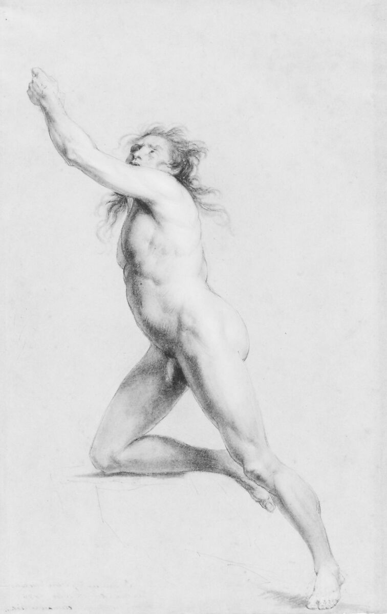 Study from Life: Nude Male, John Trumbull (American, Lebanon, Connecticut 1756–1843 New York), Black chalk and white-chalk heightening on blue laid paper, American