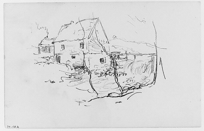 View of House by Waterfall (from Sketchbook), Henry Ward Ranger (American, Syracuse, New York 1858–1916 New York), Graphite, ink, on paper, American 