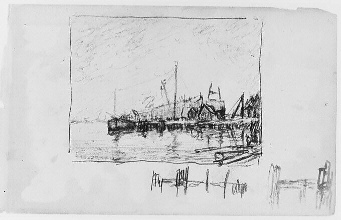 View of Docks (Long Island Sound?) (from Sketchbook), Henry Ward Ranger (American, Syracuse, New York 1858–1916 New York), Graphite, ink, on paper, American 