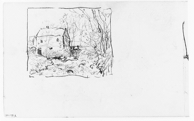View of House by Waterfall and Stream (from Sketchbook), Henry Ward Ranger (American, Syracuse, New York 1858–1916 New York), Graphite, ink, on paper, American 