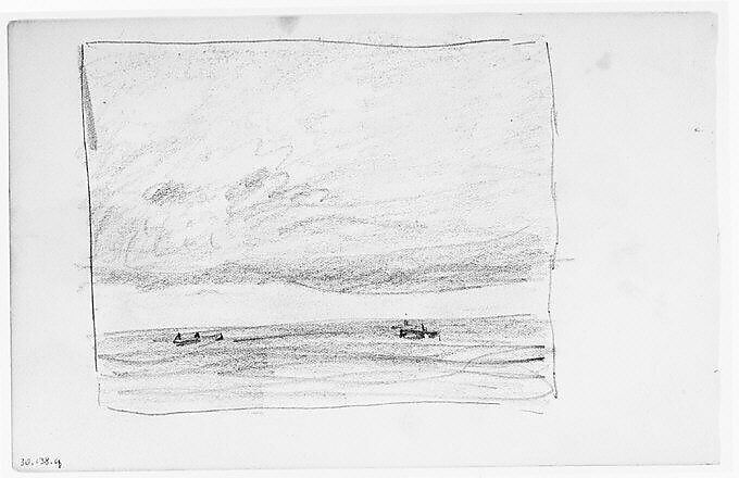 Three Boats on Water (Long Island Sound?) (from Sketchbook), Henry Ward Ranger (American, Syracuse, New York 1858–1916 New York), Graphite, ink, on paper, American 