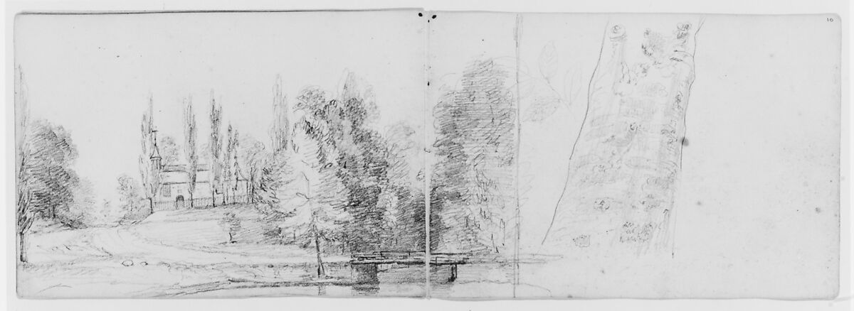 Landscape with Schoolhouse; Study of a Tree (from Sketchbook), Asher Brown Durand (American, Jefferson, New Jersey 1796–1886 Maplewood, New Jersey), Graphite on off-white wove paper, American 