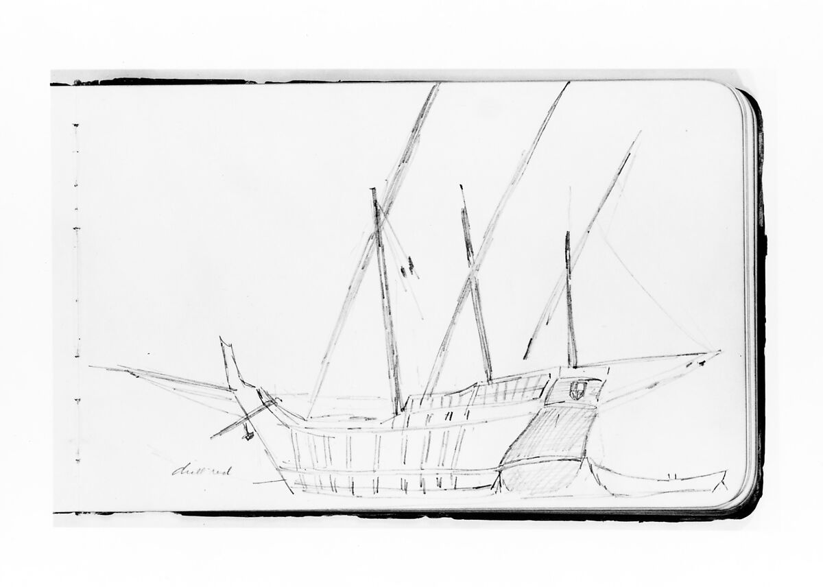 Ship Study for the Landing of Columbus (from Sketchbook), Albert Bierstadt (American, Solingen 1830–1902 New York), Graphite on wove paper with gilt edges, bound in a leather
 cover, American 