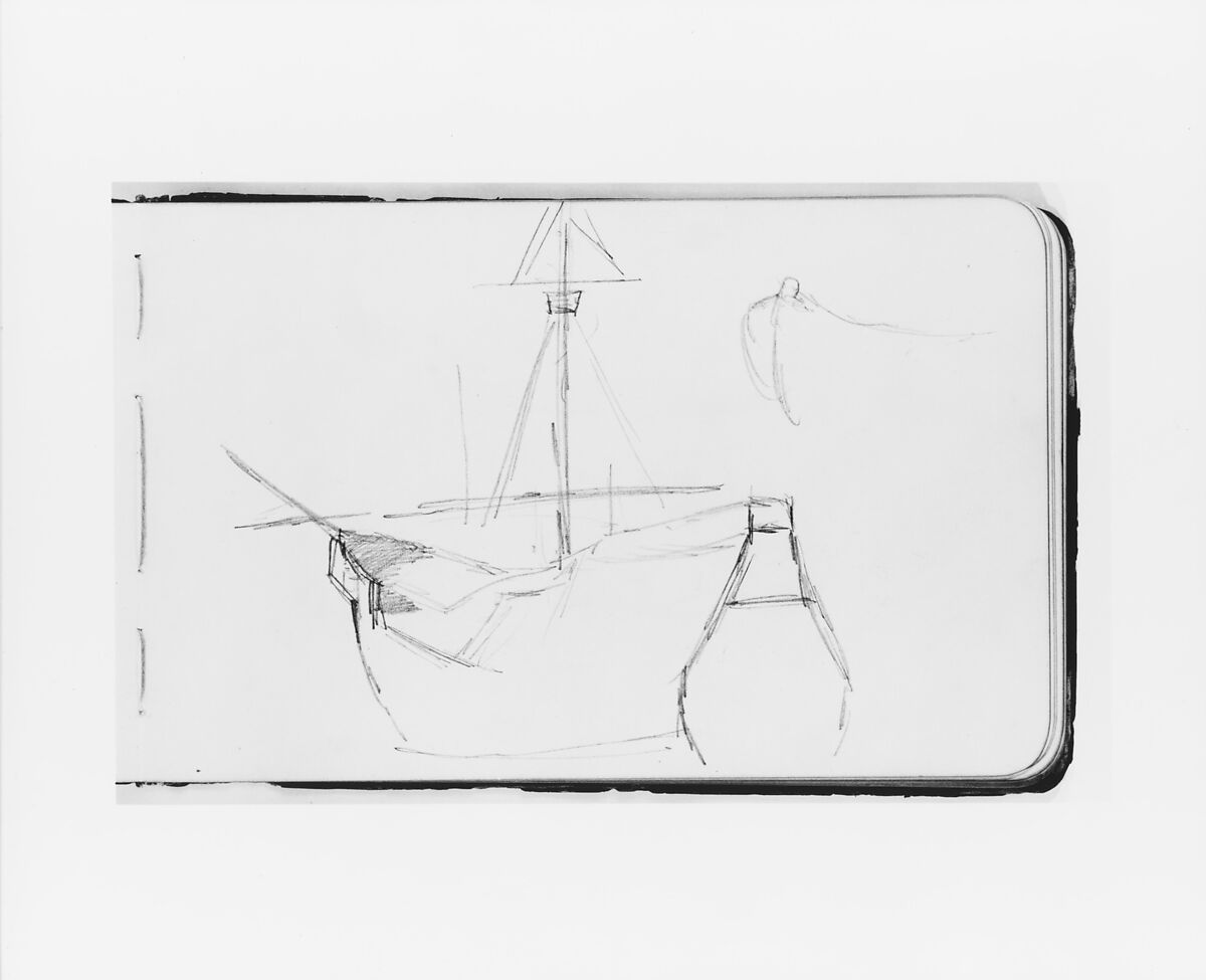 Sketch of a Ship for the Landing of Columbus (from Sketchbook), Albert Bierstadt (American, Solingen 1830–1902 New York), Graphite on wove paper with gilt edges, bound in a leather
 cover, American 