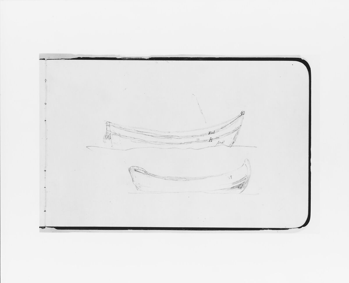 Two Rowboats (from Sketchbook), Albert Bierstadt (American, Solingen 1830–1902 New York), Graphite on wove paper with gilt edges, bound in a leather
 cover, American 