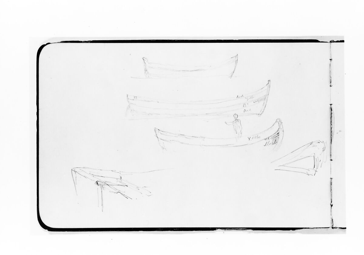 Sketches of Rowboat and Figure Standing in a Rowboat (from Sketchbook), Albert Bierstadt (American, Solingen 1830–1902 New York), Graphite on wove paper with gilt edges, bound in a leather
 cover, American 