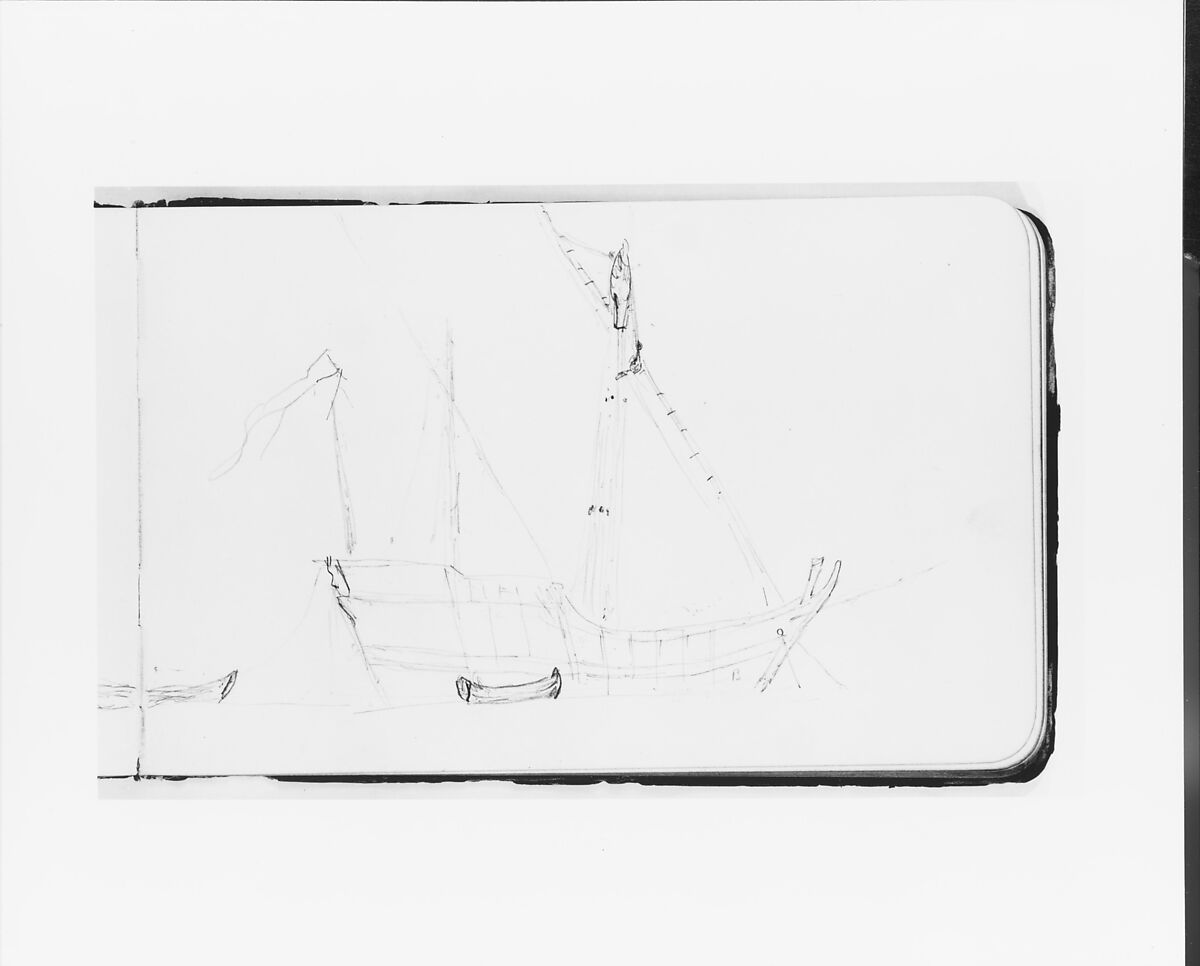 Sketch of a Ship at Anchor for The Landing of Columbus (from Sketchbook), Albert Bierstadt (American, Solingen 1830–1902 New York), Graphite on wove paper with gilt edges, bound in a leather
 cover, American 