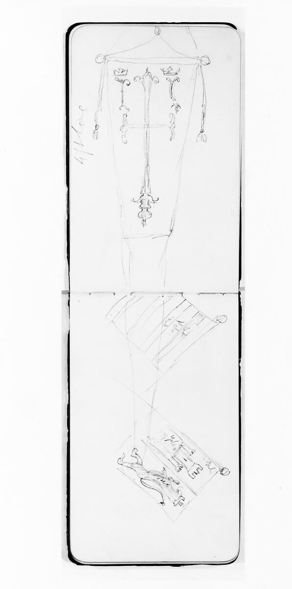 Two Flag Studies (from Sketchbook), Albert Bierstadt (American, Solingen 1830–1902 New York), Graphite on wove paper with gilt edges, bound in a leather cover, American