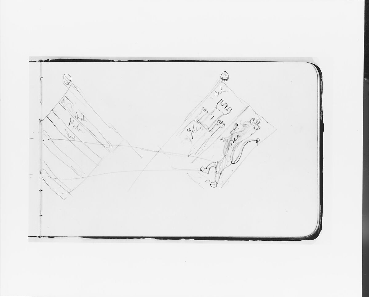 Two Flag Studies (from Sketchbook), Albert Bierstadt (American, Solingen 1830–1902 New York), Graphite on wove paper with gilt edges, bound in a leather
 cover, American 