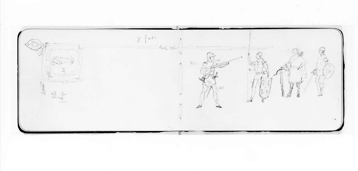 Sketches of Figures Bearing Arms (from Sketchbook), Albert Bierstadt (American, Solingen 1830–1902 New York), Graphite on wove paper with gilt edges, bound in a leather cover, American