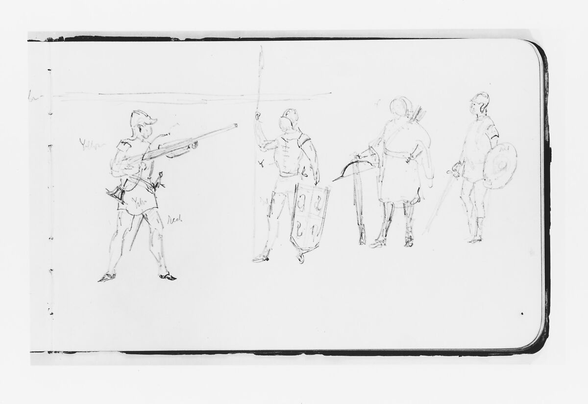Sketches of Figures Bearing Arms (from Sketchbook), Albert Bierstadt (American, Solingen 1830–1902 New York), Graphite on wove paper with gilt edges, bound in a leather
 cover, American 