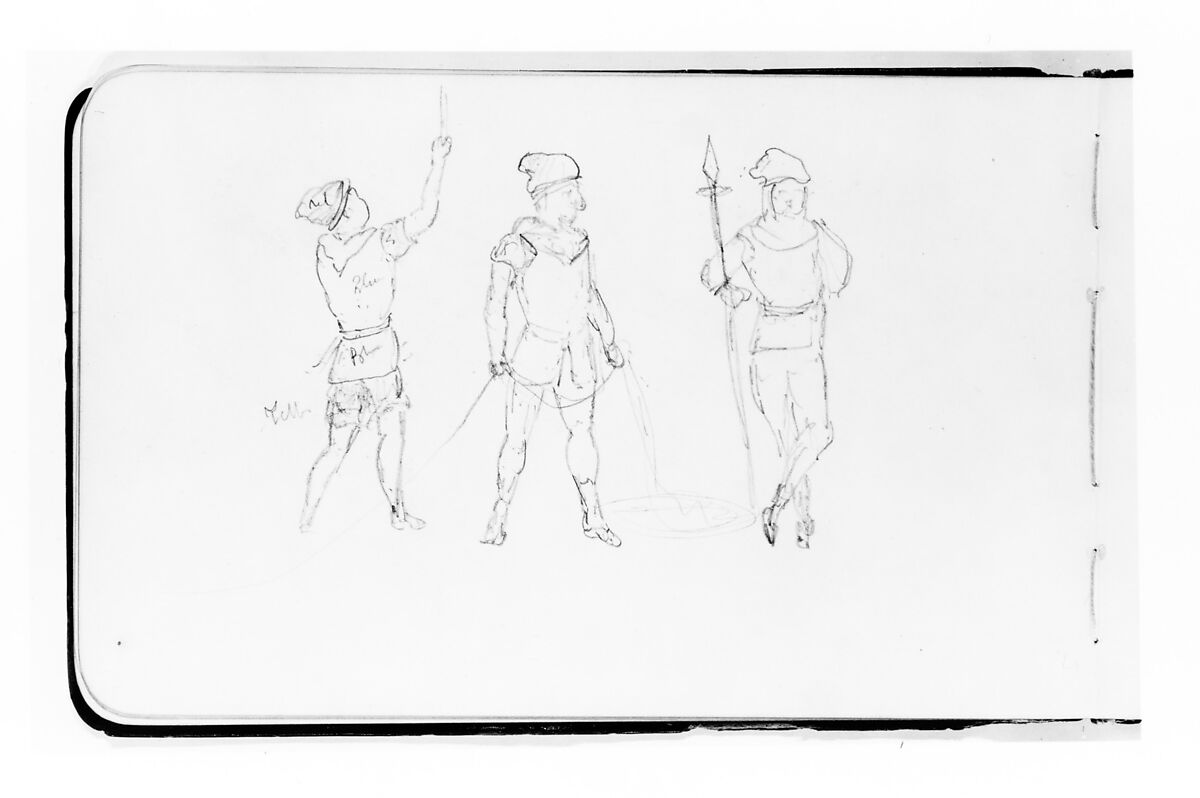 Three Figures (from Sketchbook), Albert Bierstadt (American, Solingen 1830–1902 New York), Graphite on wove paper with gilt edges, bound in a leather
 cover, American 