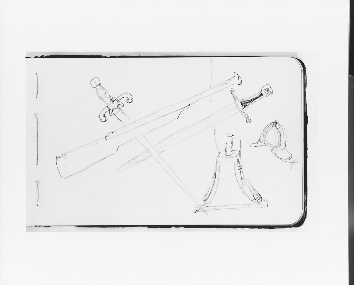 Weapons and Accessories (from Sketchbook), Albert Bierstadt (American, Solingen 1830–1902 New York), Graphite on wove paper with gilt edges, bound in a leather
 cover, American 