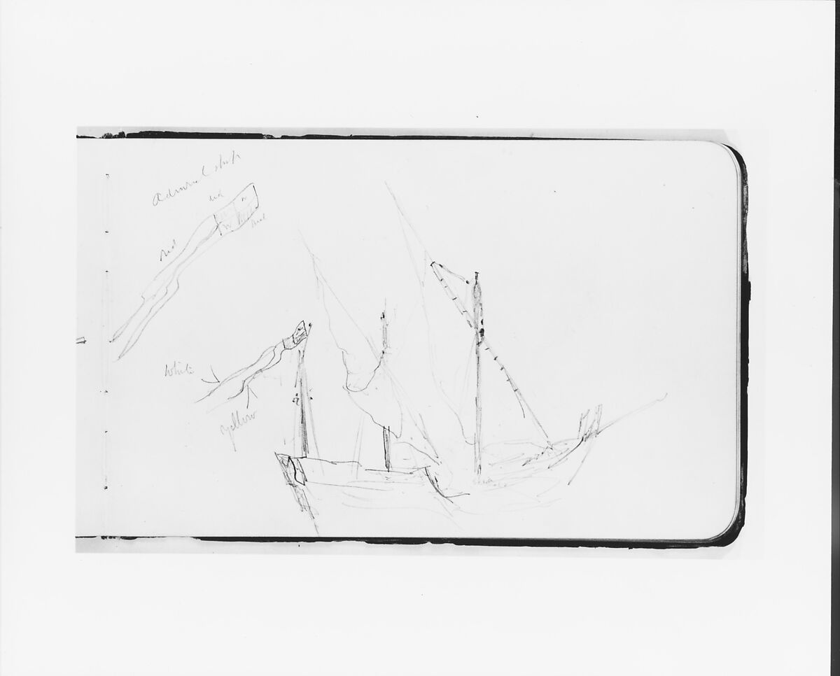 Ship and Windsock (from Sketchbook), Albert Bierstadt (American, Solingen 1830–1902 New York), Graphite on wove paper with gilt edges, bound in a leather
 cover, American 