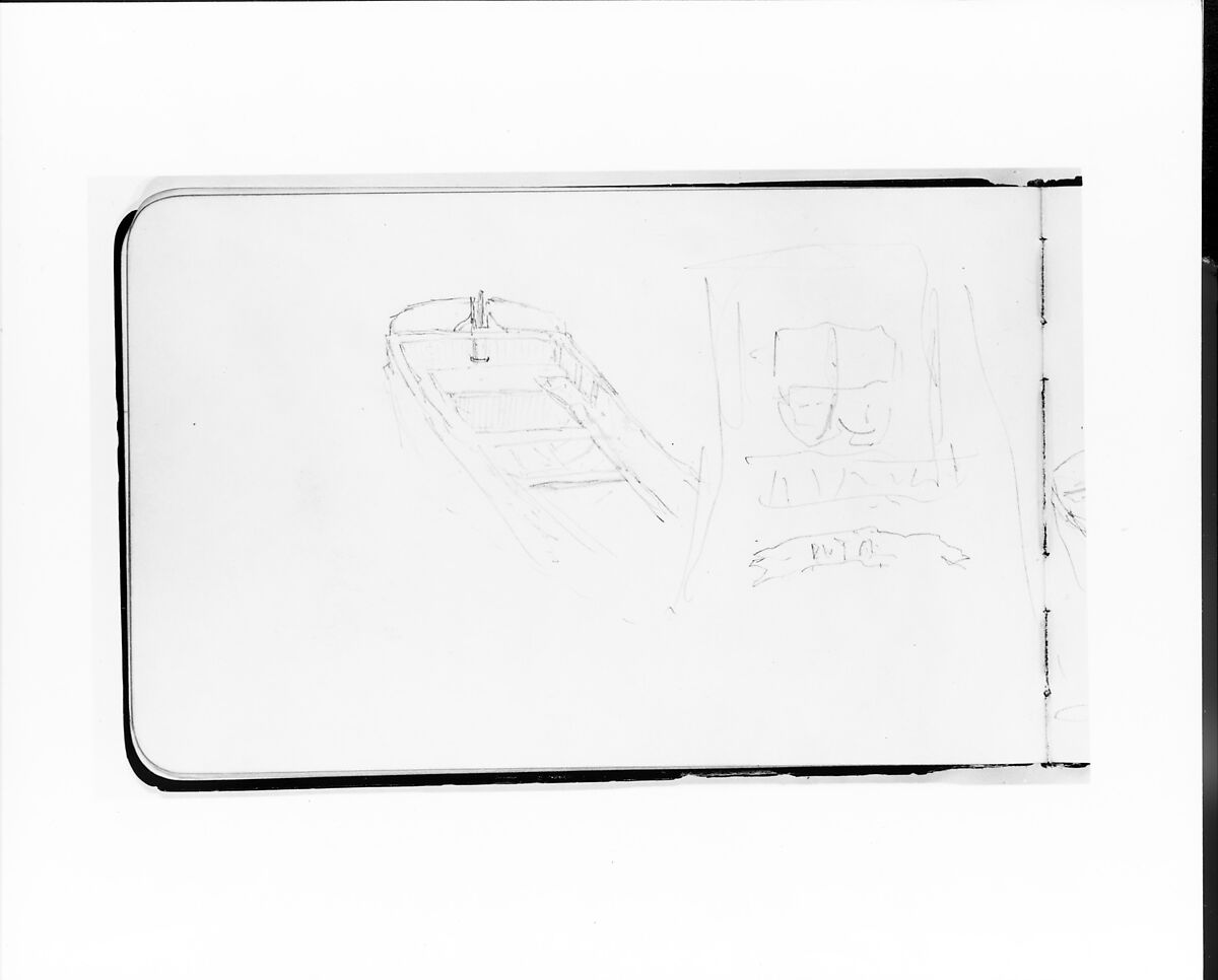 Study of a Rowboat: View Toward the Stern (from Sketchbook), Albert Bierstadt (American, Solingen 1830–1902 New York), Graphite on wove paper with gilt edges, bound in a leather
 cover, American 