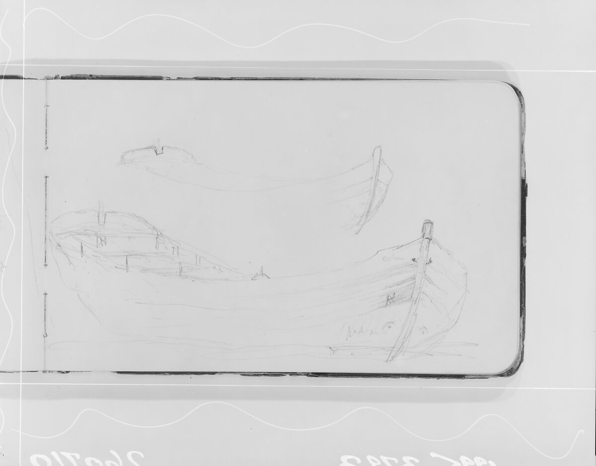 Outline Sketches of Two Rowboats (from Sketchbook), Albert Bierstadt (American, Solingen 1830–1902 New York), Graphite on wove paper with gilt edges, bound in a leather
 cover, American 