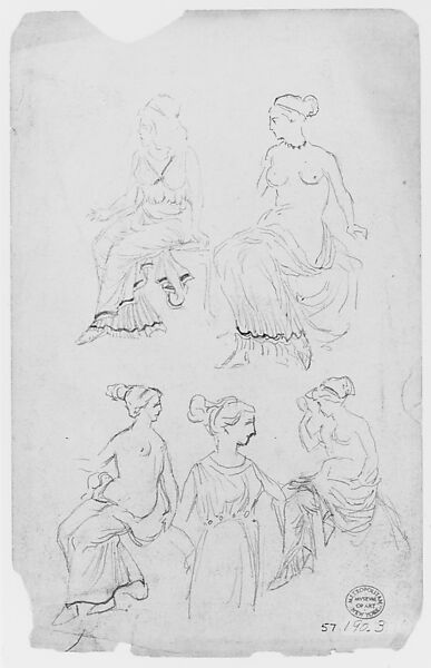 Women in Classical Dress (from Sketchbook), Thomas Moran (American (born England), Bolton, Lancashire 1837–1926 Santa Barbara, California), Graphite on paper, American 