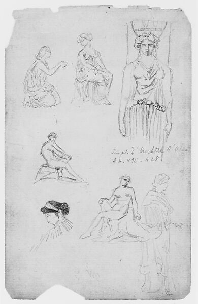 Caryatid from Erectheum and Other Figures (from Sketchbook), Thomas Moran (American (born England), Bolton, Lancashire 1837–1926 Santa Barbara, California), Graphite on paper, American 