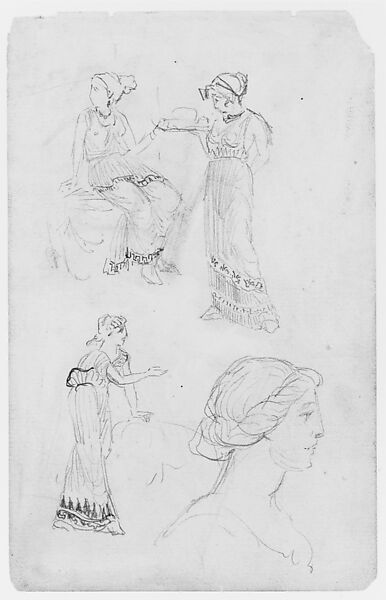Two Female Figures; One Male Figure Seated (from Sketchbook), Thomas Moran (American (born England), Bolton, Lancashire 1837–1926 Santa Barbara, California), Graphite on paper, American 
