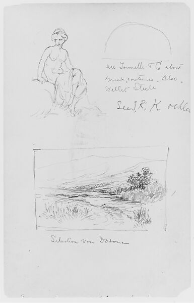 One Landscape; One Seated Female Figure (from Sketchbook), Thomas Moran (American (born England), Bolton, Lancashire 1837–1926 Santa Barbara, California), Graphite on paper, American 