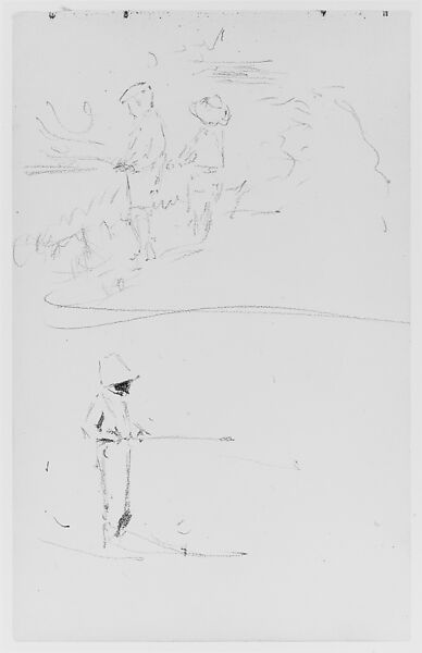 Fisherman—Two Scenes (from Sketchbook), Thomas Moran (American (born England), Bolton, Lancashire 1837–1926 Santa Barbara, California), Graphite on paper, American 