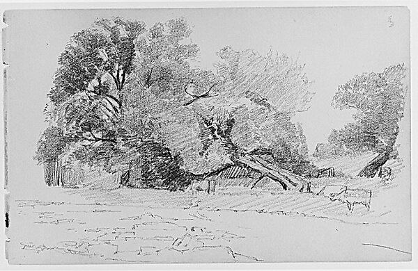 Landscape With Cows (from Sketchbook), Thomas Moran (American (born England), Bolton, Lancashire 1837–1926 Santa Barbara, California), Graphite on paper, American 