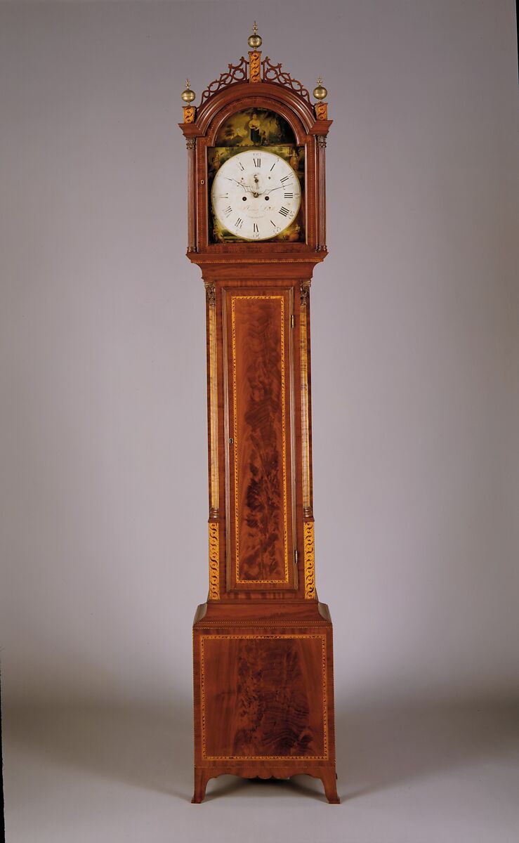 Tall Clock, Case attributed to Thomas Seymour (1771–1848), Mahogany, mahogany veneer,
maple with white pine, American