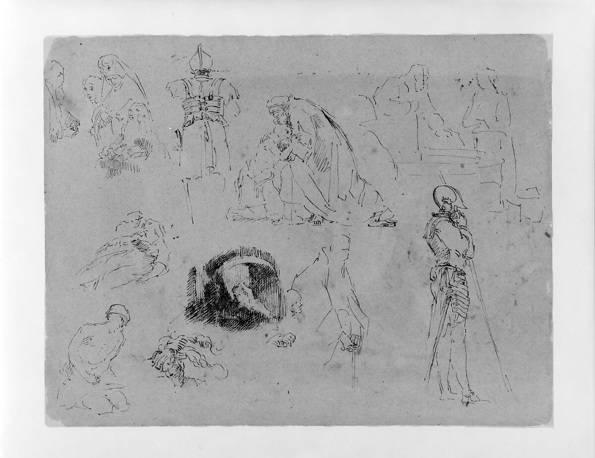 Figure Studies after Rembrandt Etchings (from Sketchbook), Thomas Sully (American, Horncastle, Lincolnshire 1783–1872 Philadelphia, Pennsylvania), Ink, wash, on paper, American 