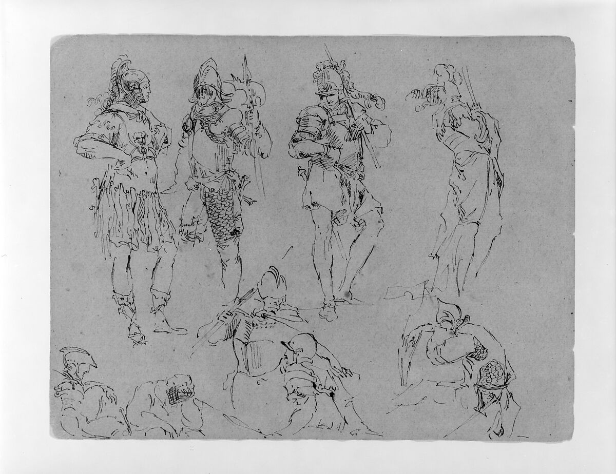 Nine Figures in Military Dress (from Sketchbook), Thomas Sully (American, Horncastle, Lincolnshire 1783–1872 Philadelphia, Pennsylvania), Ink, wash, on paper, American 
