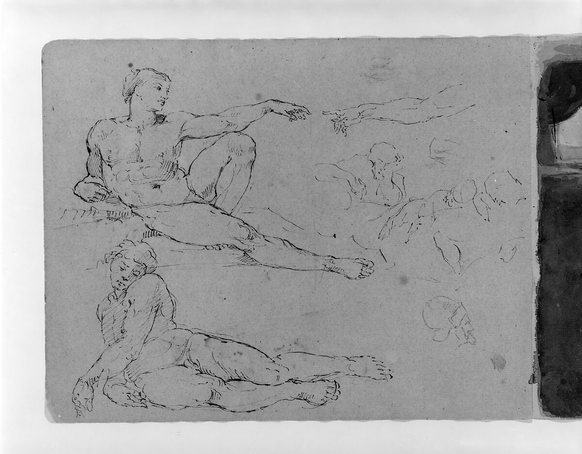 Creation of Adam; Sleeping Adam, after Michaelangelo; Other Figures; Profile of Head of Man in Helmut (from Sketchbook), Thomas Sully (American, Horncastle, Lincolnshire 1783–1872 Philadelphia, Pennsylvania), Ink, wash, on paper, American 