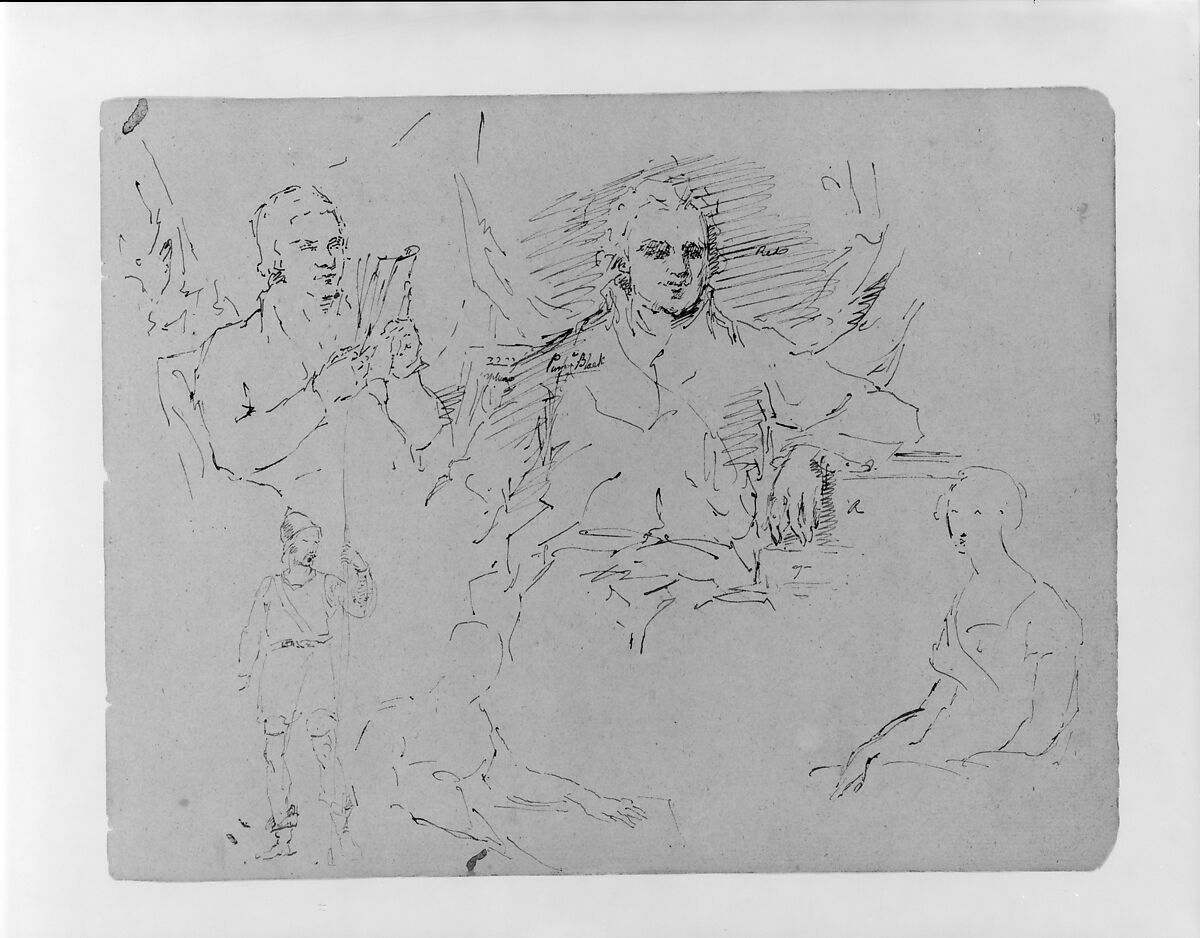 Five Figure Sketches, Including Two Half-length Steated Male Portrait Types (from Sketchbook), Thomas Sully (American, Horncastle, Lincolnshire 1783–1872 Philadelphia, Pennsylvania), Ink, wash, on paper, American 