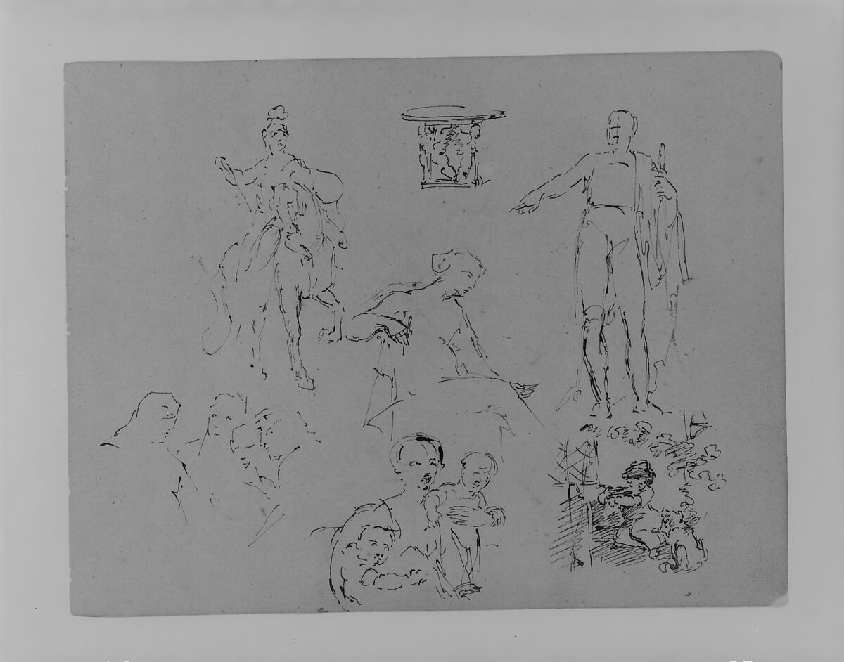 Six Figure Sketches and a Round Table (from Sketchbook), Thomas Sully (American, Horncastle, Lincolnshire 1783–1872 Philadelphia, Pennsylvania), Ink, wash, on paper, American 