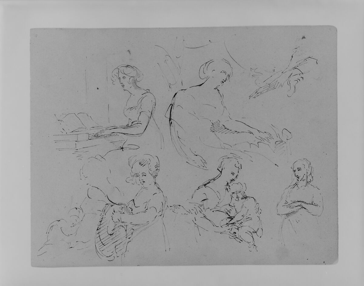 Five Half-Length Female Figures, One at a Spinet (from Sketchbook), Thomas Sully (American, Horncastle, Lincolnshire 1783–1872 Philadelphia, Pennsylvania), Ink, wash, on paper, American 