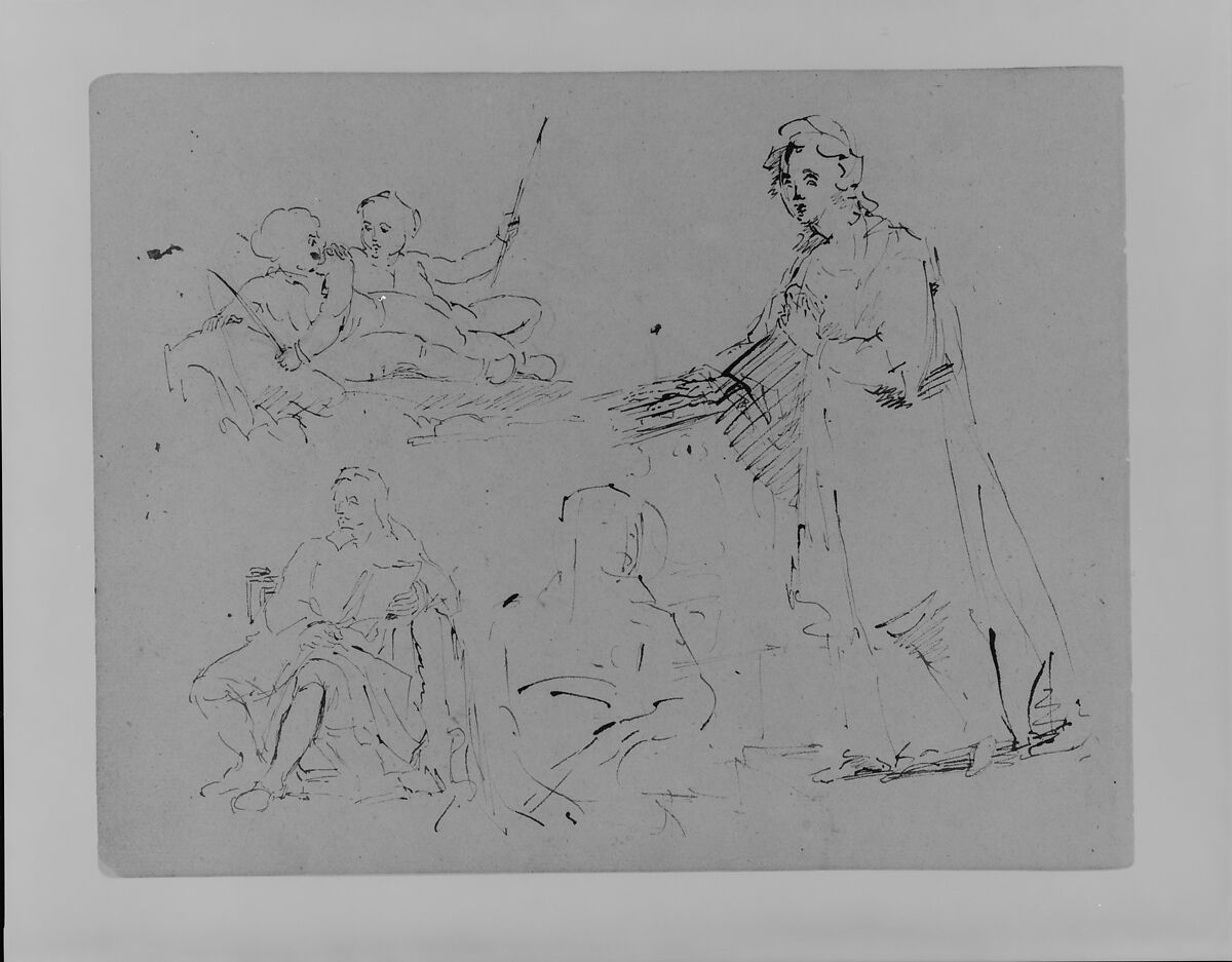Five Figure Sketches: A Woman Descending a Staircase; Two Children Fishing; Male Seated; Woman Seated (from Sketchbook), Thomas Sully (American, Horncastle, Lincolnshire 1783–1872 Philadelphia, Pennsylvania), Ink, wash, on paper, American 