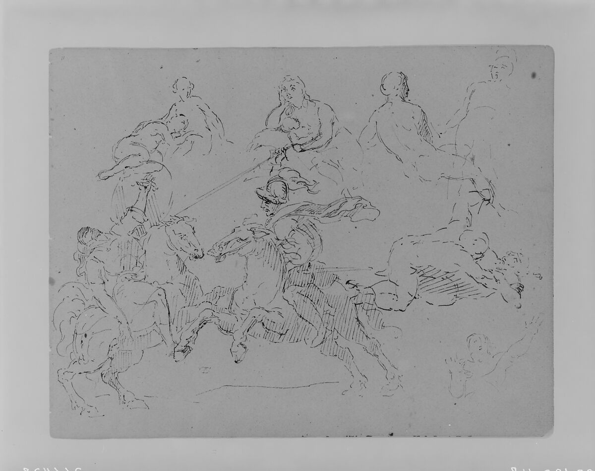 Various Figure Sketches, Including Two Battling Equestrains, Two Wrestlers (from Sketchbook), Thomas Sully (American, Horncastle, Lincolnshire 1783–1872 Philadelphia, Pennsylvania), Ink, wash, on paper, American 